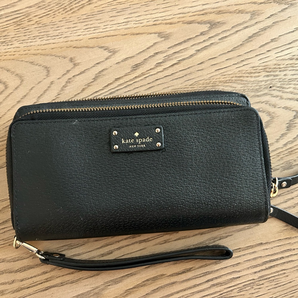 kate spade Black Pebbled Leather Wristlet with Gold Hardware